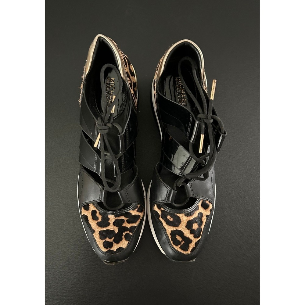 Michael Kors Felix Black Leopard Calf Hair Wedge Sneakers Shoes Womens 9M - Picture 2 of 12